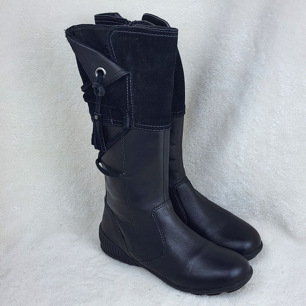 Geox Youth Black Suede Leather Zip Straps Mid Calf Comfort Winter Boots Size 3